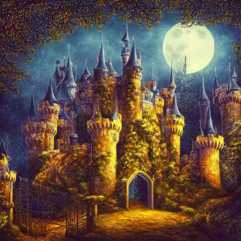 Medieval castle illuminated under full moon amidst lush foliage