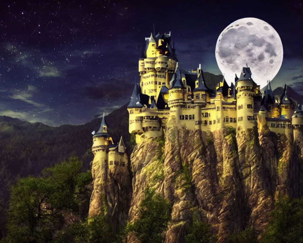 Majestic castle on steep cliff under starry night sky