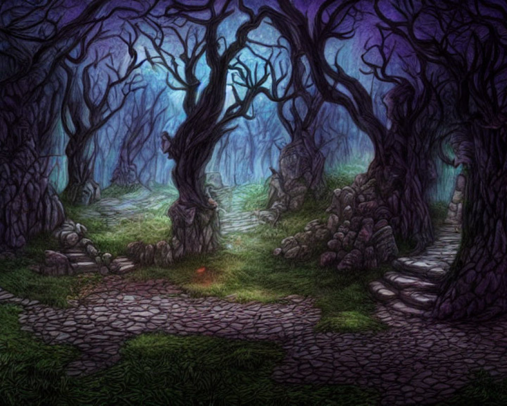 Mystical forest with gnarled trees, stone path, red door, eerie green mist.