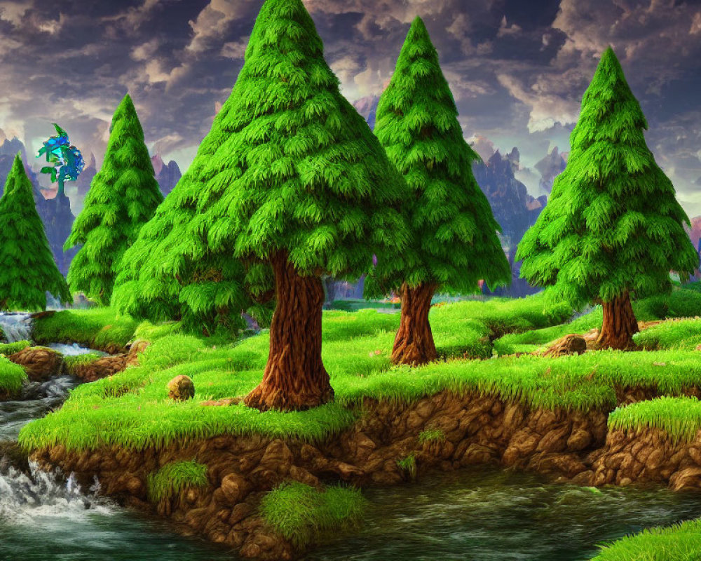 Tranquil landscape with evergreen trees, stream, grassy banks, and dragon-like creature