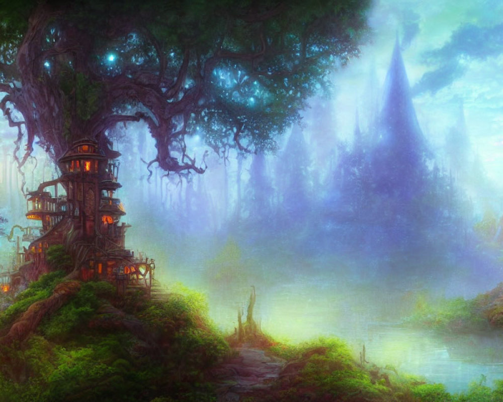 Enchanting forest scene with elaborate treehouse, glowing lights, and serene lake