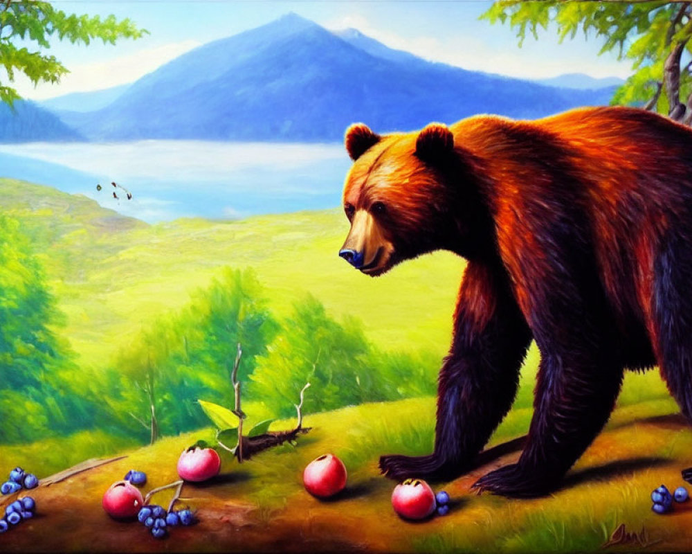 Bear near cliff with apples, berries, butterflies, mountains