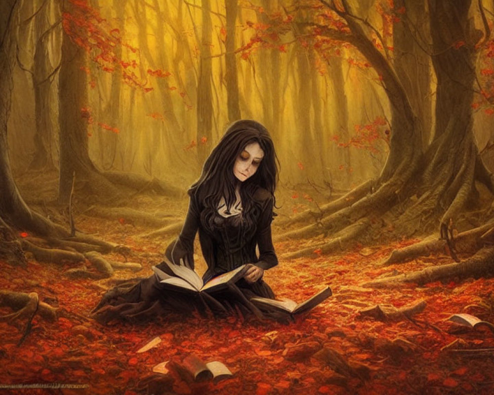 Woman reading book in mystical autumn forest with golden light and red leaves