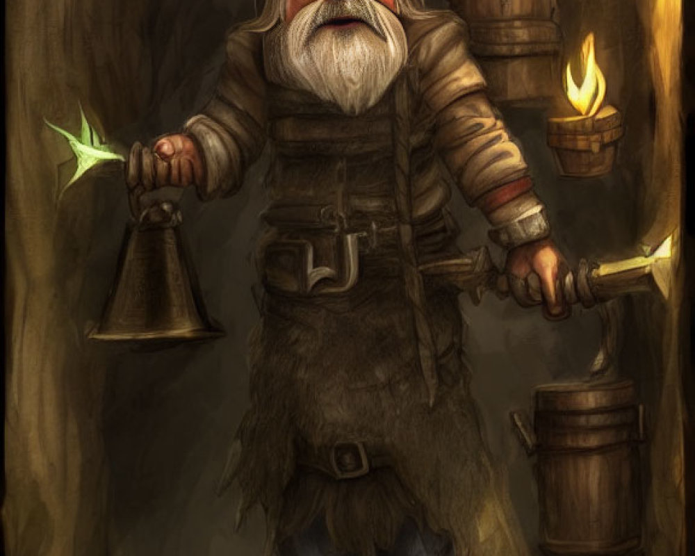 Illustration of gnome with red hat, lantern, key, in mystical setting