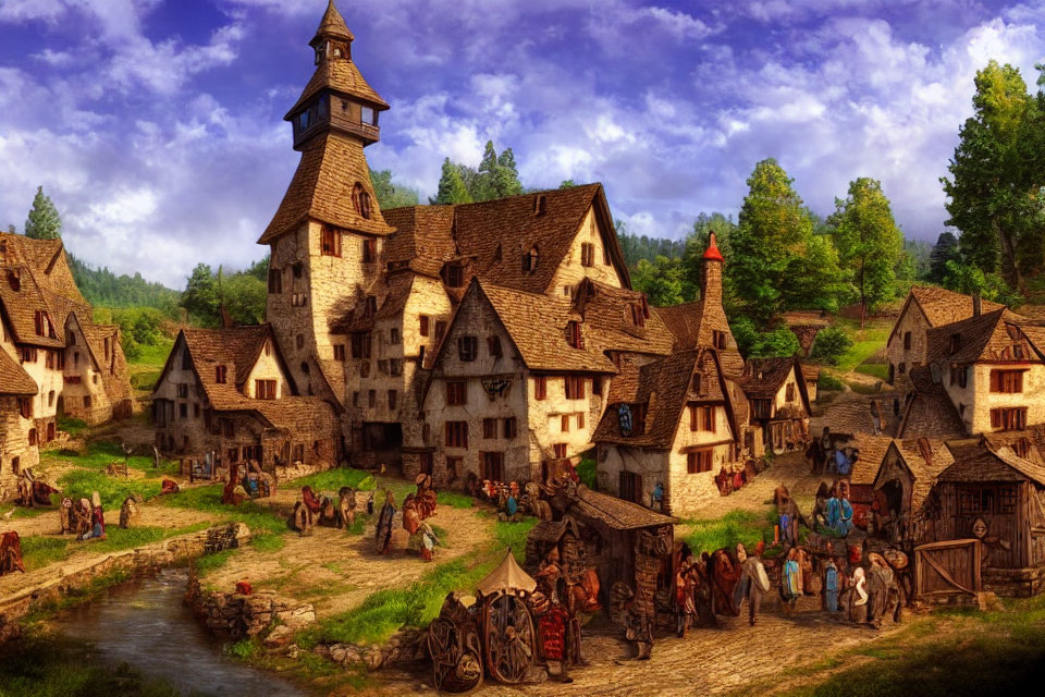 Medieval village scene with townsfolk, clock tower, stone buildings, stream, blue skies