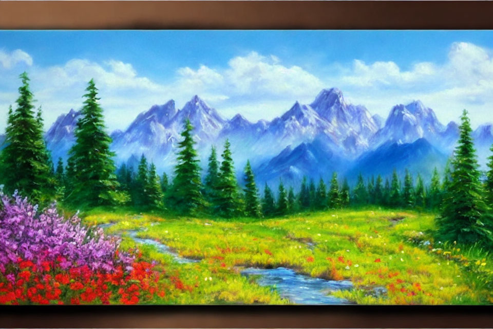 Scenic painting of lush greenery, wildflowers, stream, and mountains