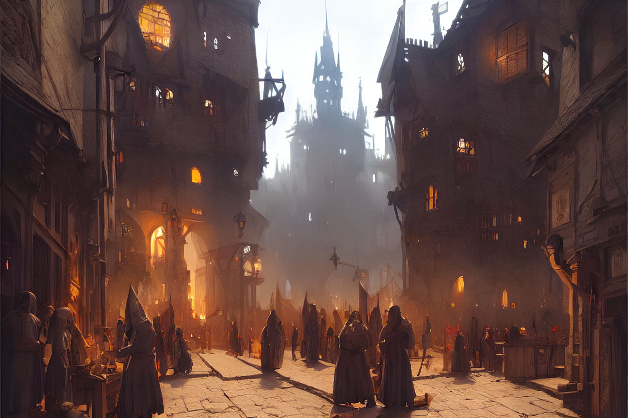 Medieval street scene with crowds, merchants, and castle in foggy dusk