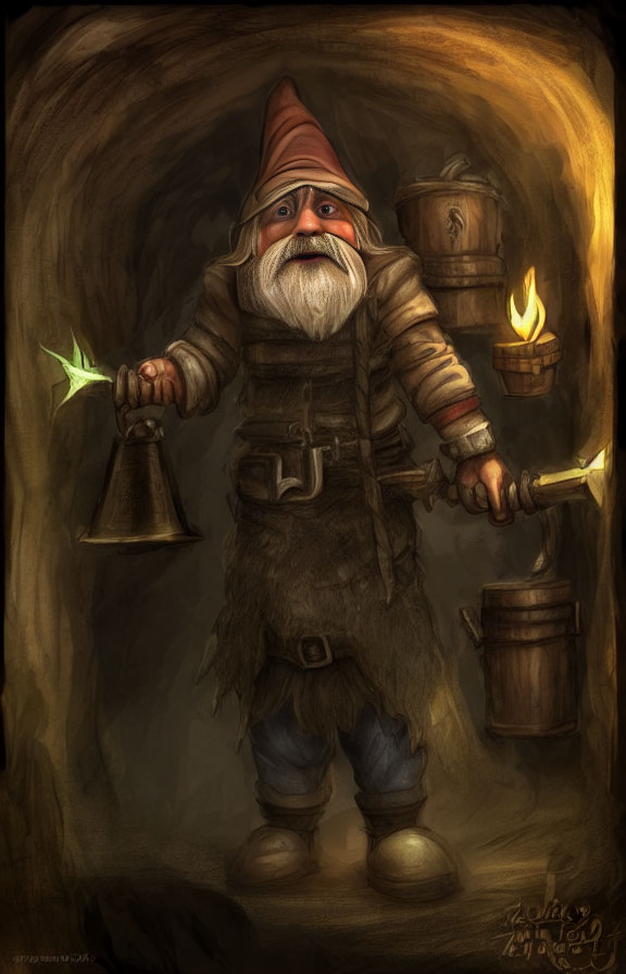 Illustration of gnome with red hat, lantern, key, in mystical setting