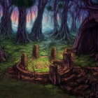 Mystical forest with gnarled trees, stone path, red door, eerie green mist.