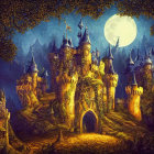 Medieval castle illuminated under full moon amidst lush foliage