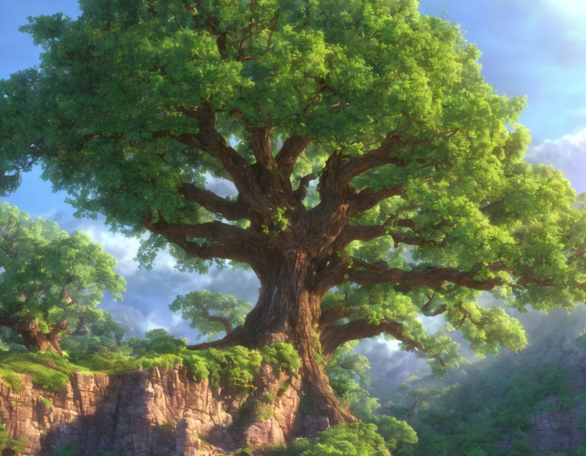 Majestic tree with lush green foliage on rocky cliff in soft sunlight