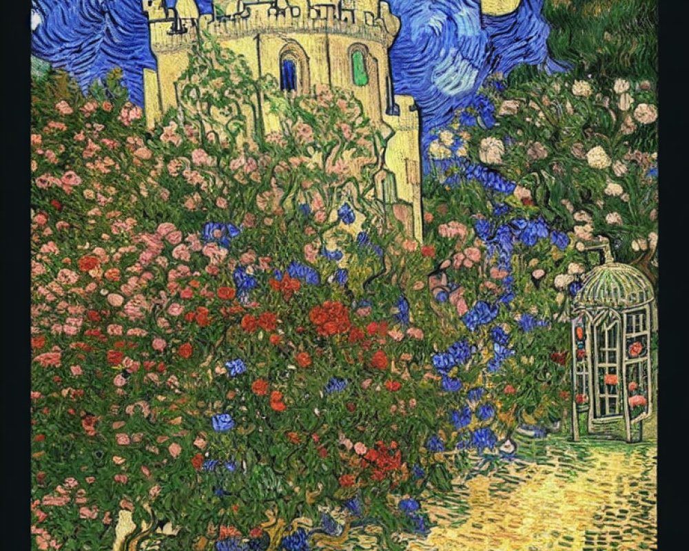 Lush garden with blooming flowers and castle in swirling post-impressionistic style
