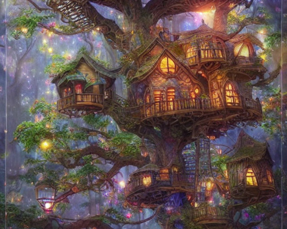 Enchanting multi-level treehouse in twilight forest