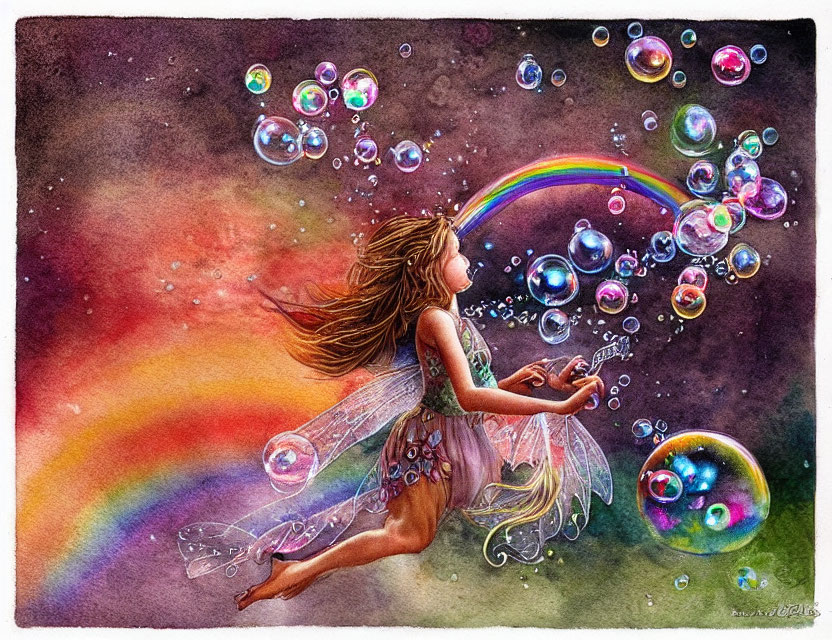Whimsical painting of fairy with delicate wings touching iridescent bubbles
