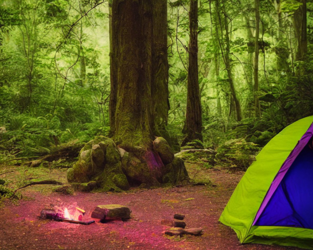 Vibrant Green Tent by Small Campfire in Misty Forest