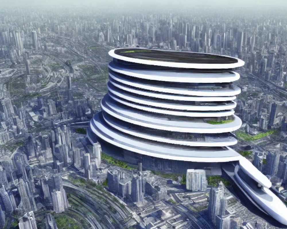 Futuristic multi-tiered circular building in dense cityscape.