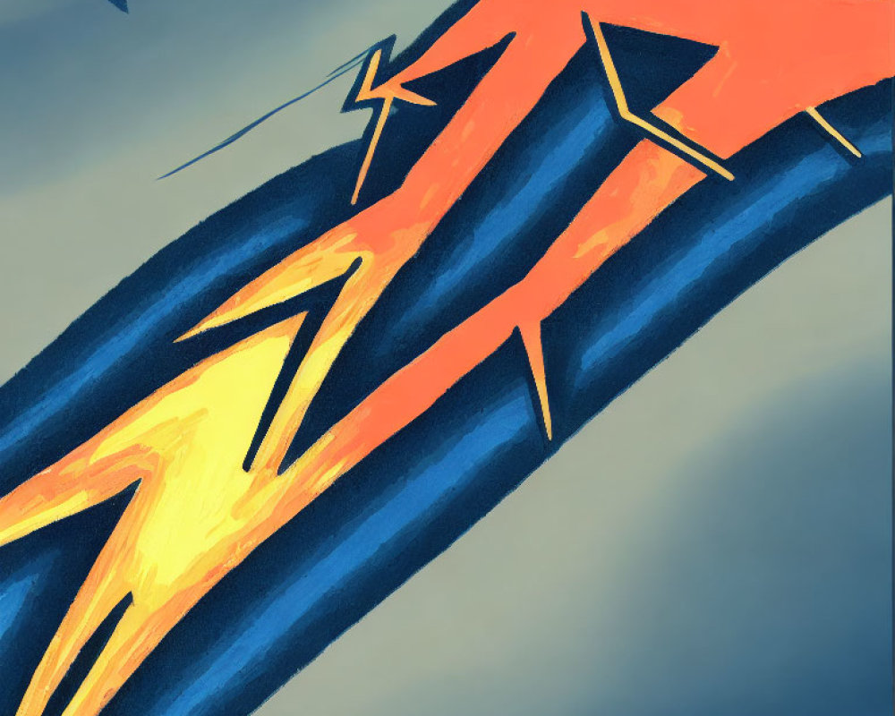 Dynamic orange figure running with lightning motifs on blue background