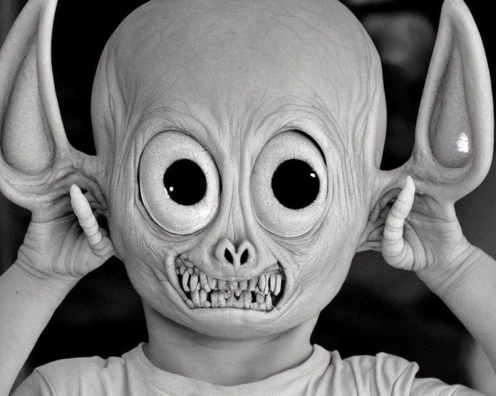 Child in oversized alien mask with large eyes and pointed ears in black and white photo