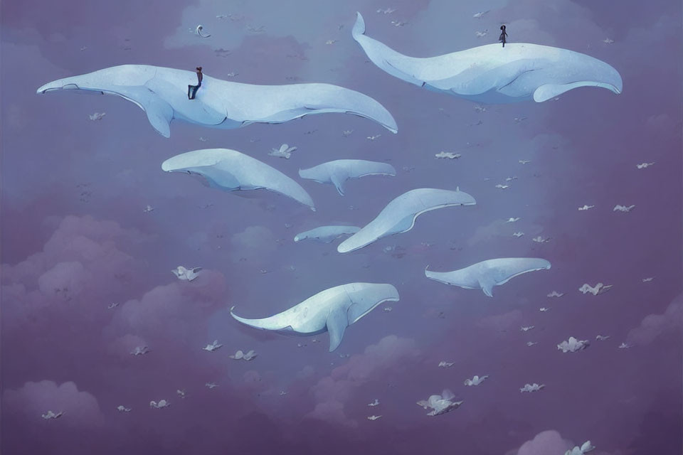 Whale-like creatures in purple sky with tiny human figures