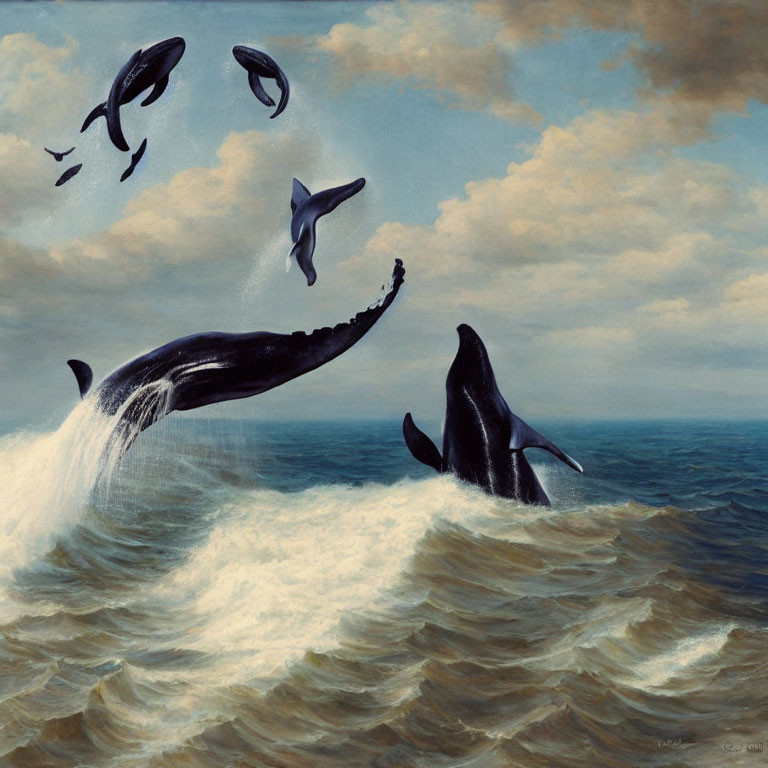 Ocean Scene with Four Leaping Orcas