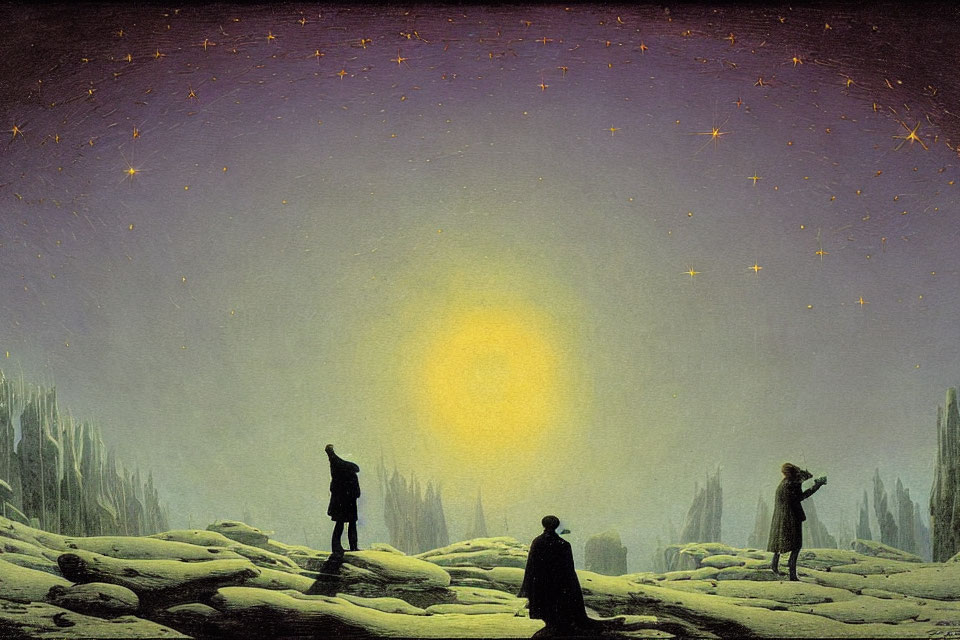 Three Figures in Snowy Landscape Under Starry Sky with Radiant Orb