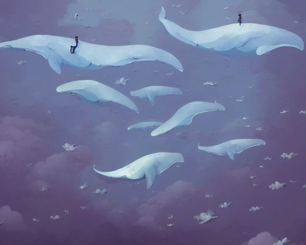 Whale-like creatures in purple sky with tiny human figures