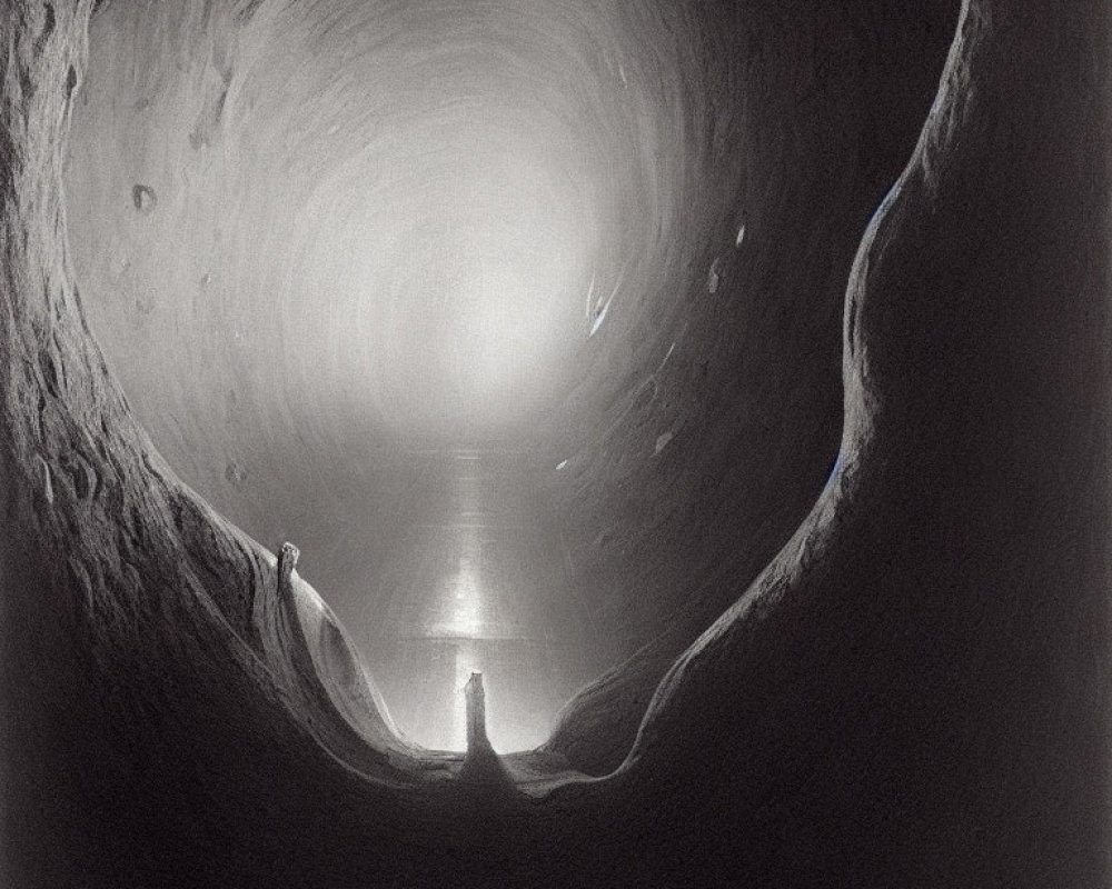 Grayscale image of cavernous tunnel with textured walls and humanoid silhouette near bright light