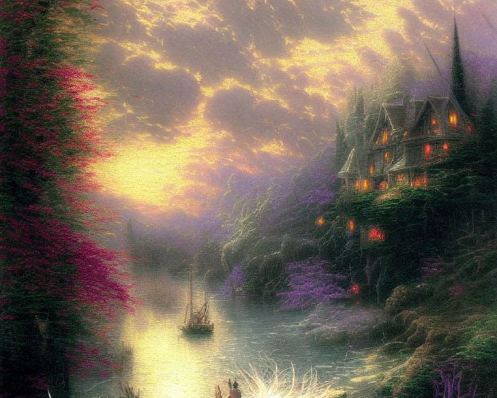 Scenic landscape with glowing sunset, cliff-top house, purple foliage, river, and dock scene