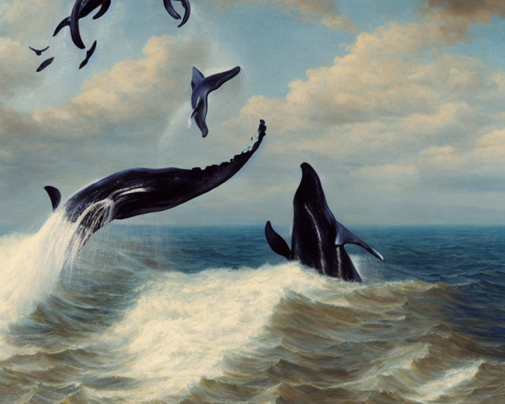 Ocean Scene with Four Leaping Orcas