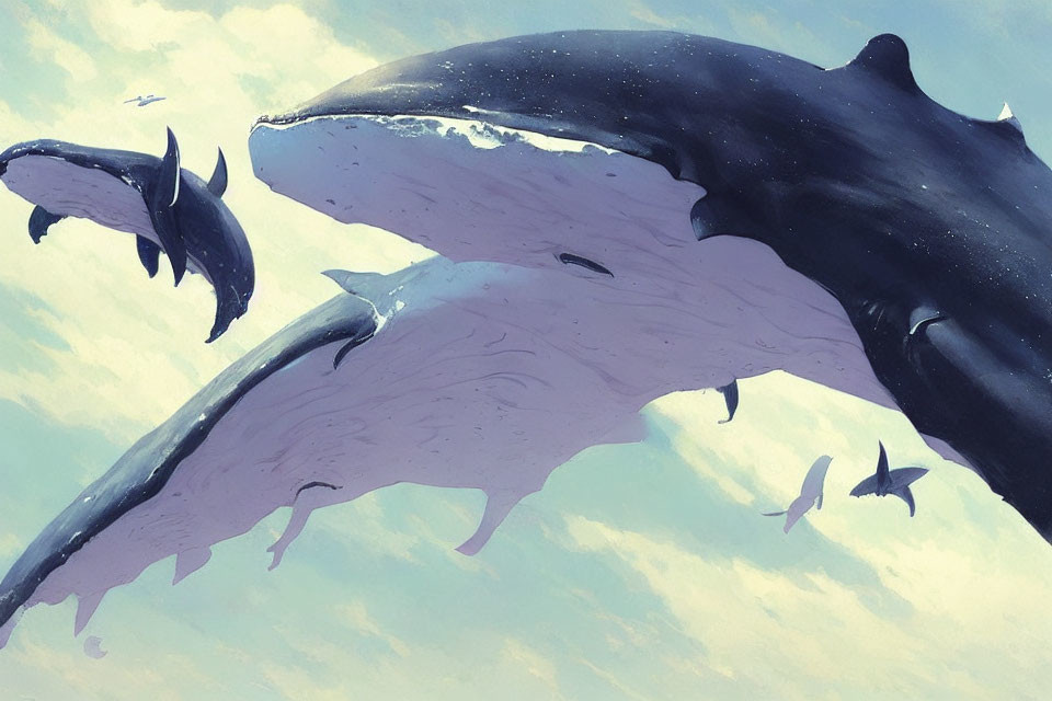 Surreal digital art: whale-like creatures in sky with birds