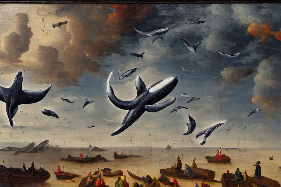 Whales, birds, boats, and people in surreal coastal painting