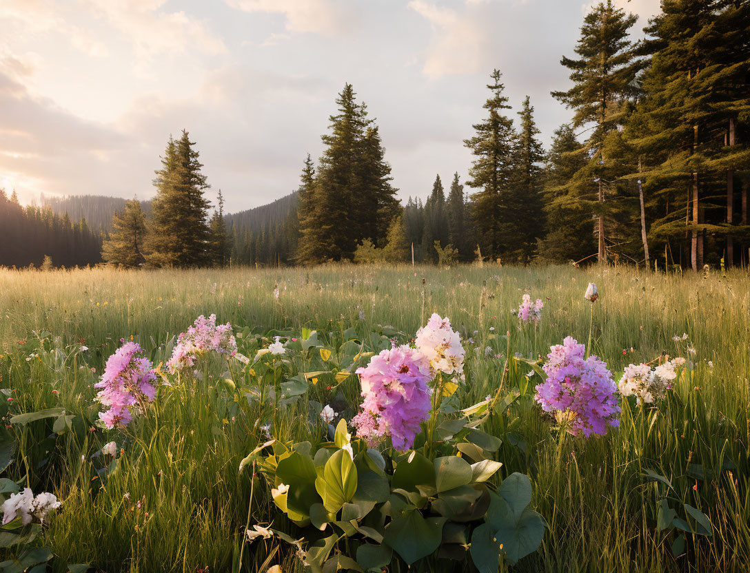 Tranquil meadow with pink flowers and tall pine trees at sunset