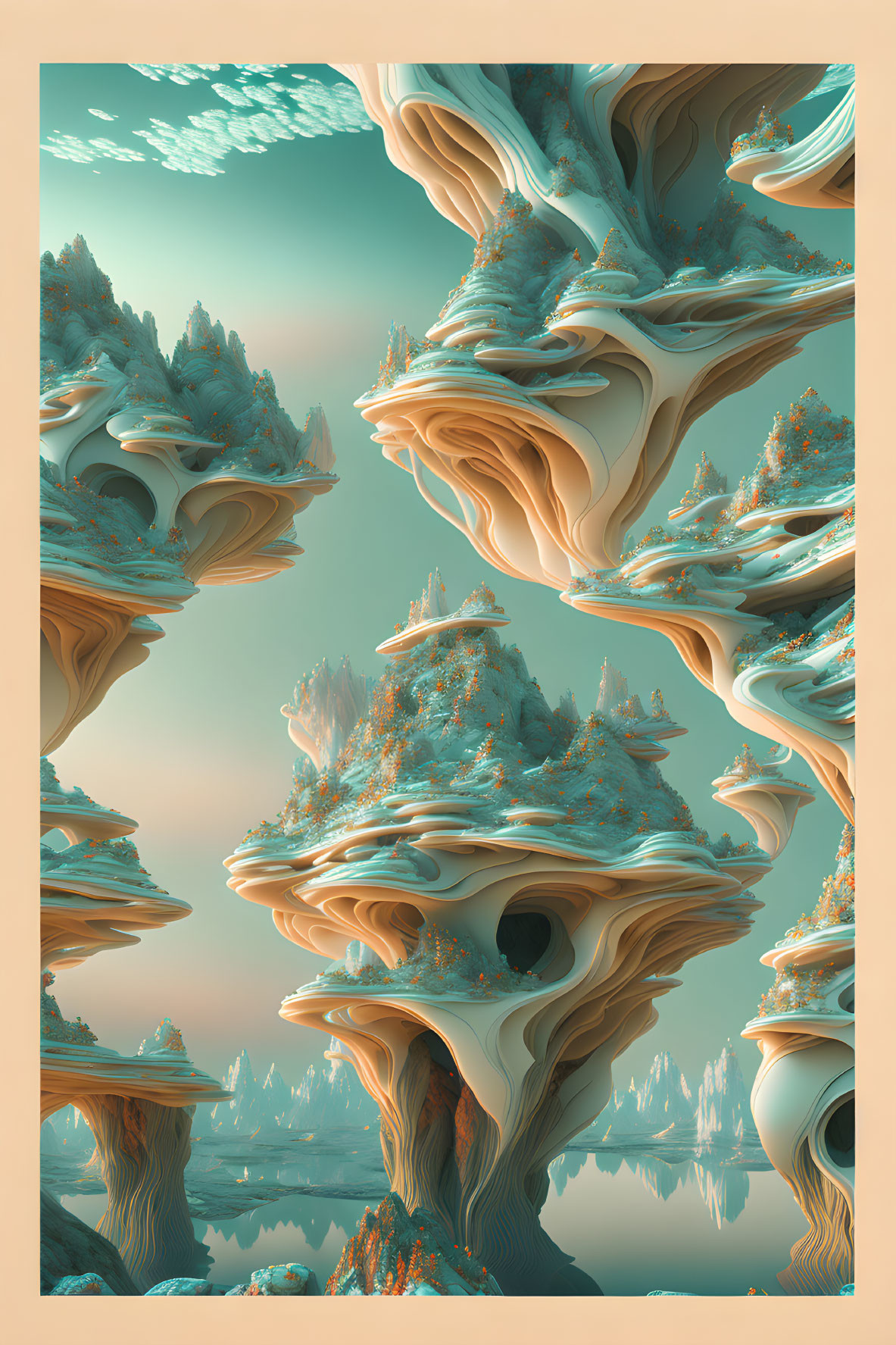 Ethereal landscape with layered rock formations and tree-like structures in orange and teal hues