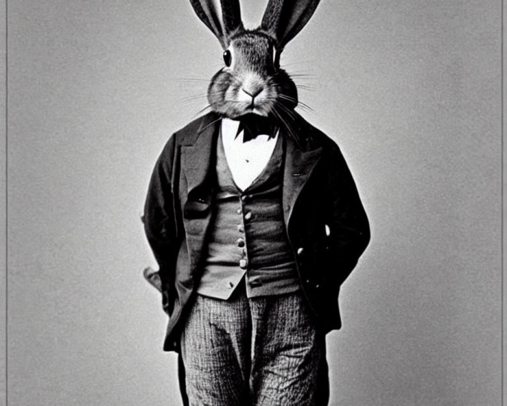 Monochrome image: person in suit with rabbit head and ears, holding top hat