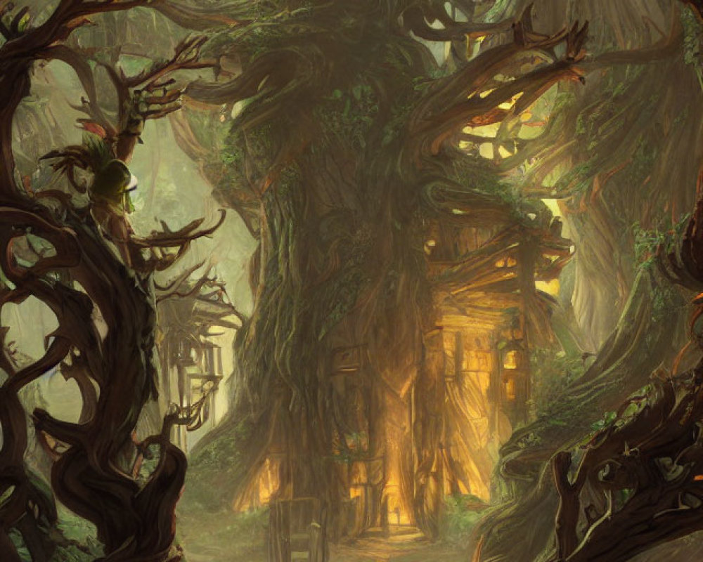 Mystical forest scene with glowing doorway, twisted trees, and figures on platform