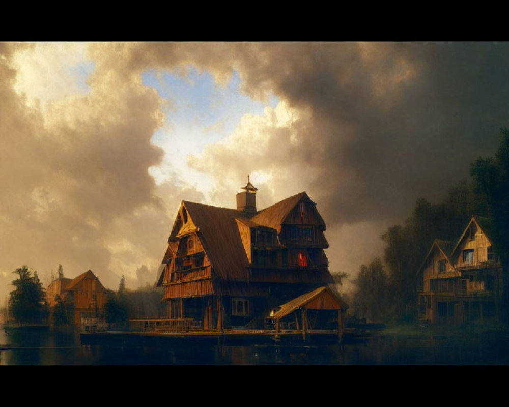 Rustic wooden houses by serene lakeside under dramatic sky