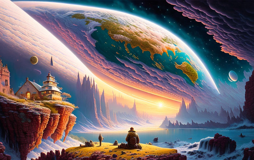 Person admiring sunset in surreal landscape with colossal planets, cliffs, house, and ocean.