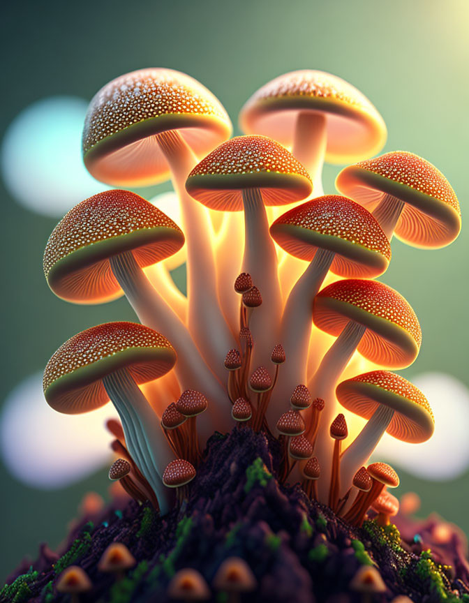 Bioluminescent mushrooms on mossy surface emitting warm orange light