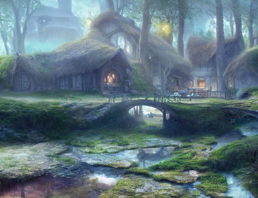 Mystical forest scene with cottages, stone bridge, and foggy ambiance.