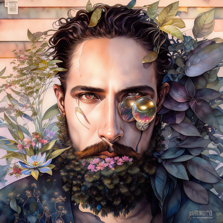 Man with Flowers and Leaves in Beard, Monocle, Serene Expression on Striped Background