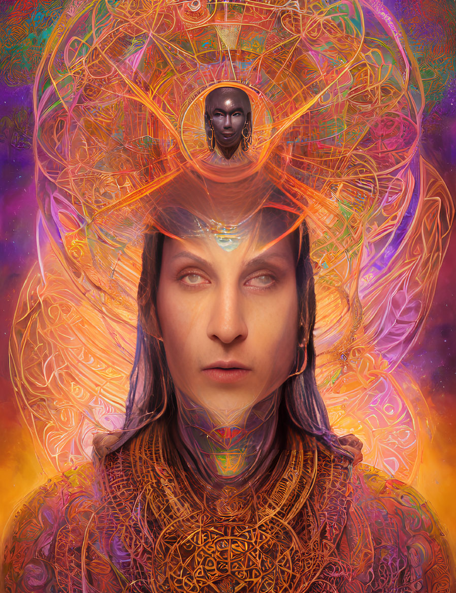 Colorful psychedelic portrait with intricate patterns and spectral figure above head