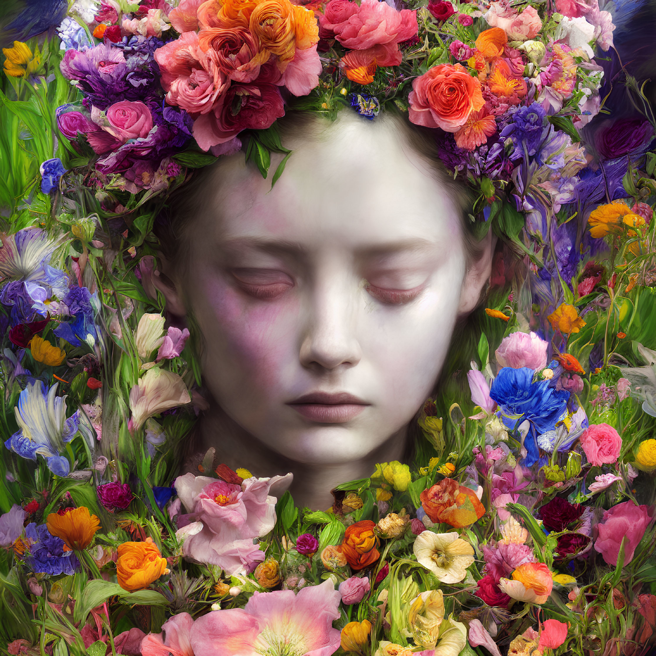 Person with Closed Eyes Surrounded by Vibrant Flowers