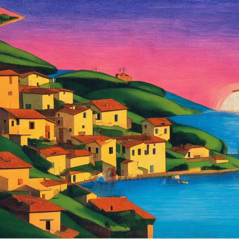 Vibrant coastal village painting at sunset with terracotta-roofed houses.