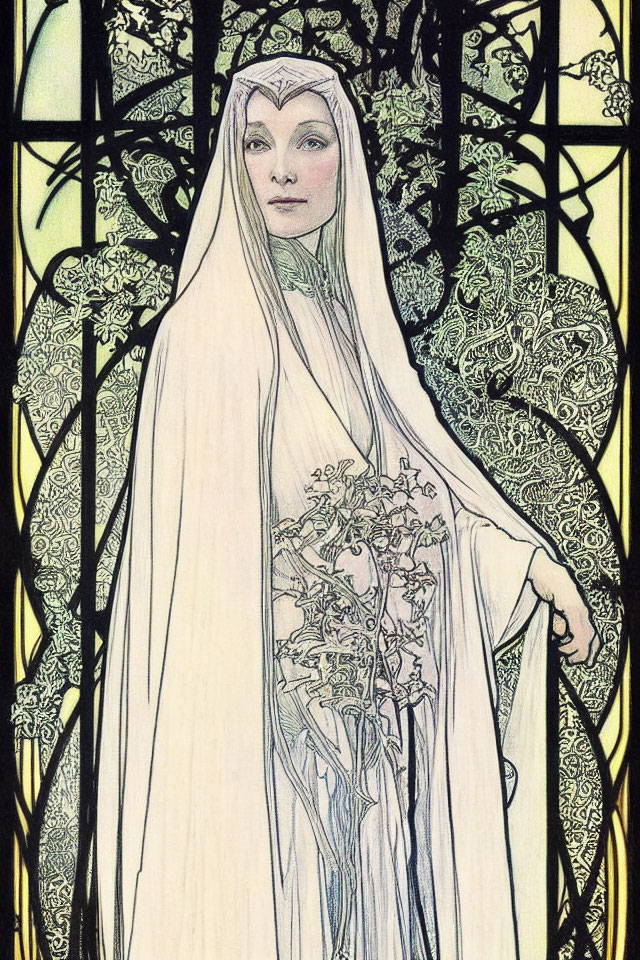 Ethereal woman in flowing robes with bouquet, Art Nouveau style