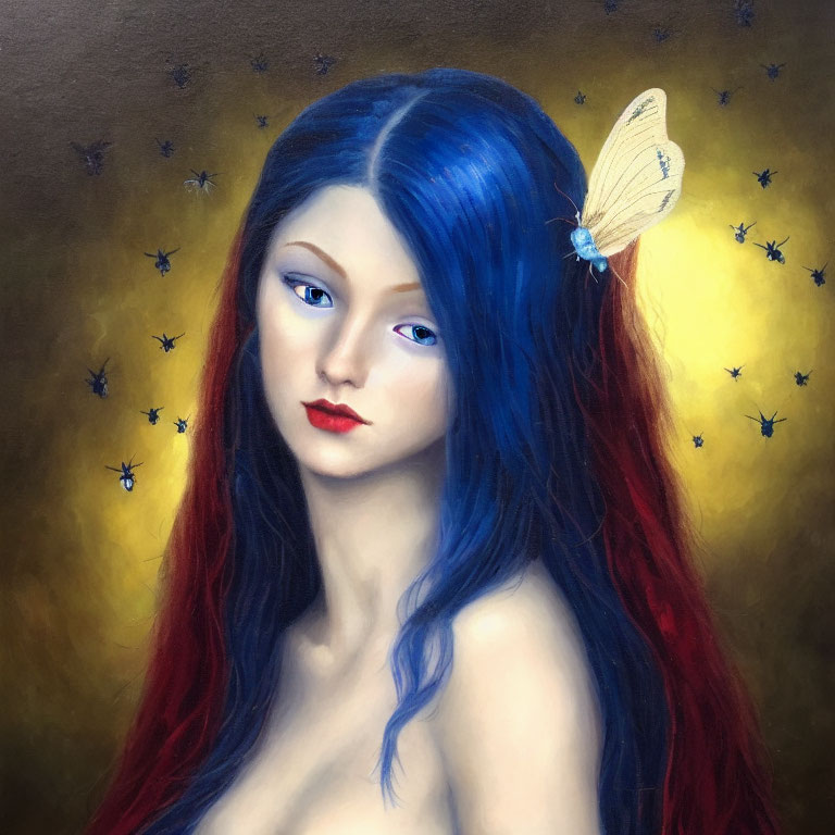 Portrait of Woman with Blue and Red Hair and Butterfly Hairpin in Golden Setting