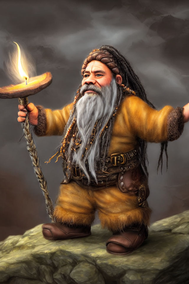 Fantasy dwarf illustration with braided beard, candle, fur tunic on rocky outcrop
