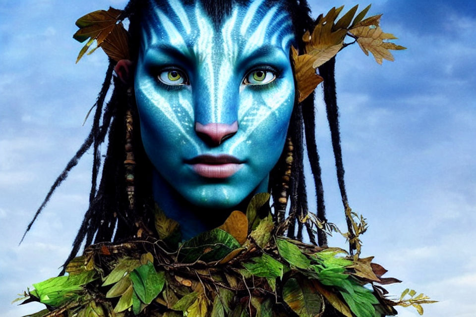 Blue-skinned character with cat-like eyes and tribal markings wearing a crown of leaves.