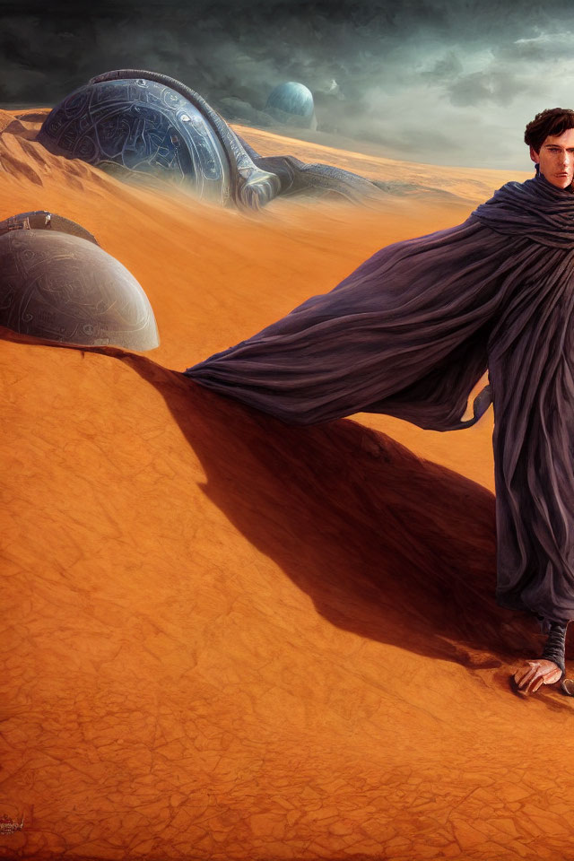 Cloaked figure on sandy dune under orange sky with futuristic metallic structures and large planet.