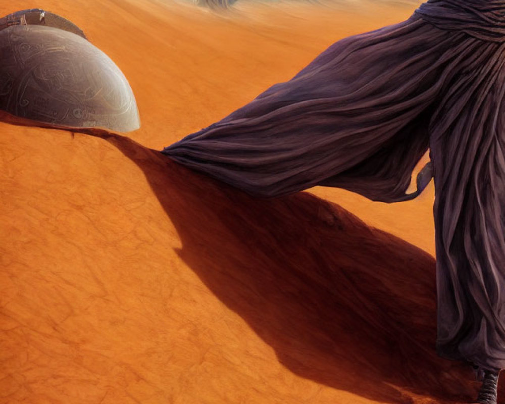 Cloaked figure on sandy dune under orange sky with futuristic metallic structures and large planet.