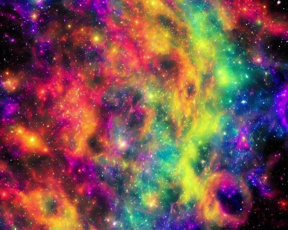 Colorful cosmic scene with nebulous clouds and star fields in blue, purple, yellow, and red